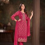 Women Muslin Digital Print Handwork Embroidery Sequence Work Salwar Kameez - Rani