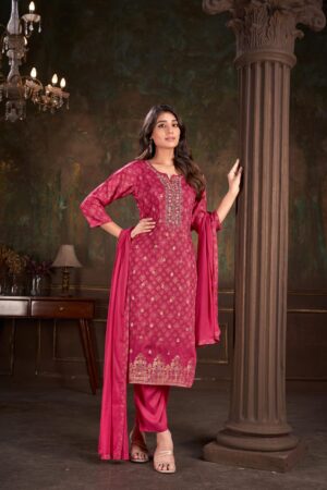 Women Muslin Digital Print Handwork Embroidery Sequence Work Salwar Kameez - Rani