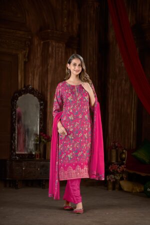 Women Muslin Digital Print Handwork Embroidery Sequence Work Salwar Kameez - Dark Pink