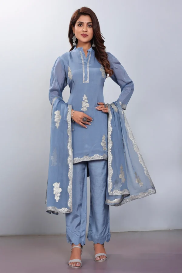 Women Viscose And Jacquard Butta Zari Embroidered Salwar Kameez - Sky Blue