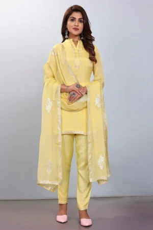 Jacquard Butta Zari Embroidered Salwar Kameez - Light Yellow