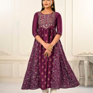 Wine Cotton With Handprint Embroidered Kurtis - BUYON