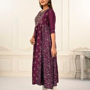 Wine Cotton With Handprint Embroidered Kurtis - BUYON