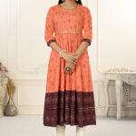 Orange Cotton With Handprint Embroidered Kurtis - BUYON