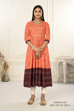 Orange Cotton With Handprint Embroidered Kurtis - BUYON