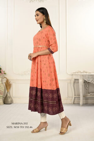 Orange Cotton With Handprint Embroidered Kurtis - BUYON