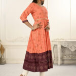 Orange Cotton With Handprint Embroidered Kurtis - BUYON