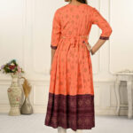 Orange Cotton With Handprint Embroidered Kurtis - BUYON