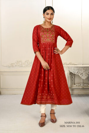 Red Cotton With Handprint Embroidered Kurtis - BUYON