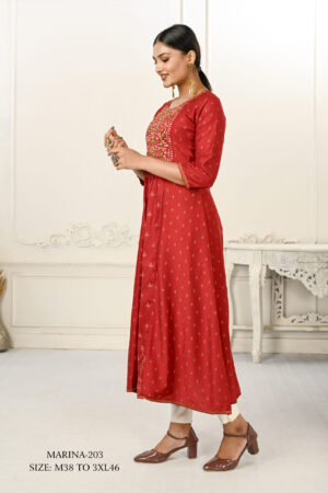 Red Cotton With Handprint Embroidered Kurtis - BUYON