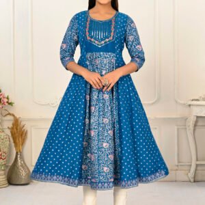 Blue Cotton With Handprint Embroidered Kurtis - BUYON