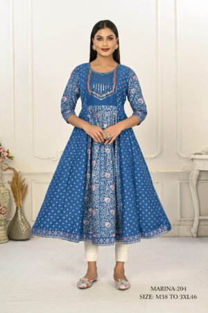 Blue Cotton With Handprint Embroidered Kurtis - BUYON