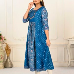 Blue Cotton With Handprint Embroidered Kurtis - BUYON