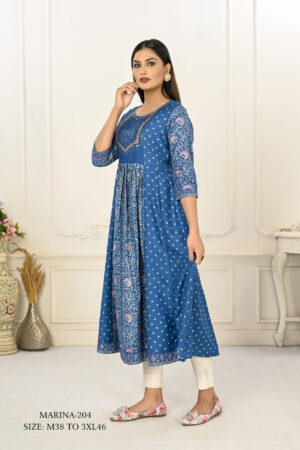 Blue Cotton With Handprint Embroidered Kurtis - BUYON