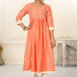 Orange Cotton With Handprint Light Embroidered Kurtis - BUYON