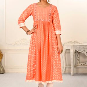 Orange Cotton With Handprint Light Embroidered Kurtis - BUYON