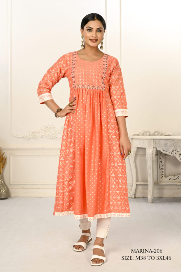 Orange Cotton With Handprint Light Embroidered Kurtis - BUYON