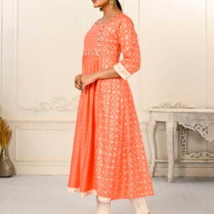 Orange Cotton With Handprint Light Embroidered Kurtis - BUYON