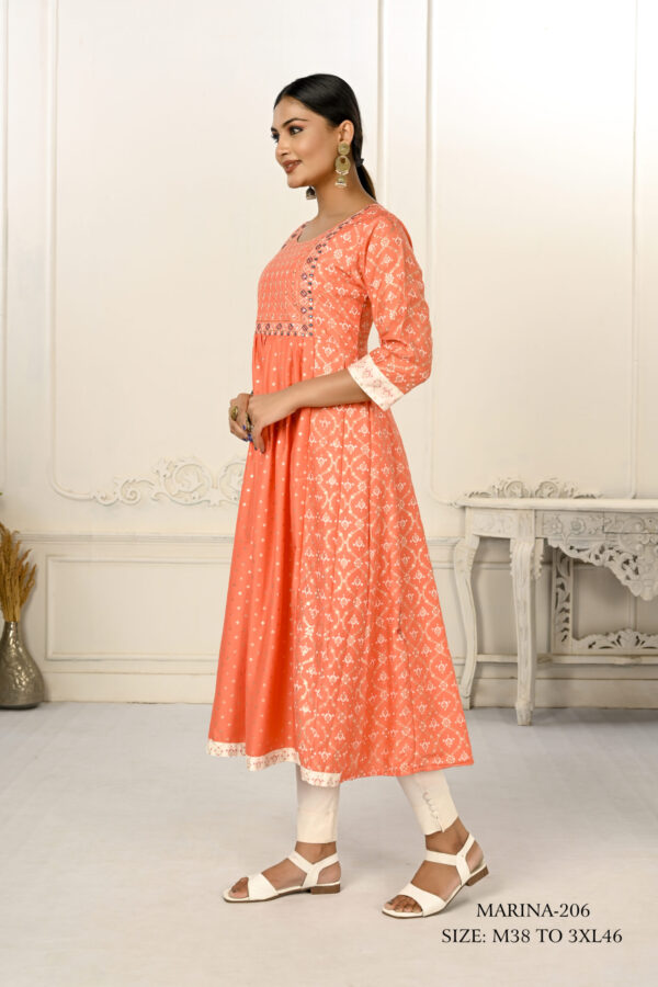 Orange Cotton With Handprint Light Embroidered Kurtis - BUYON