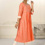 Orange Cotton With Handprint Light Embroidered Kurtis - BUYON