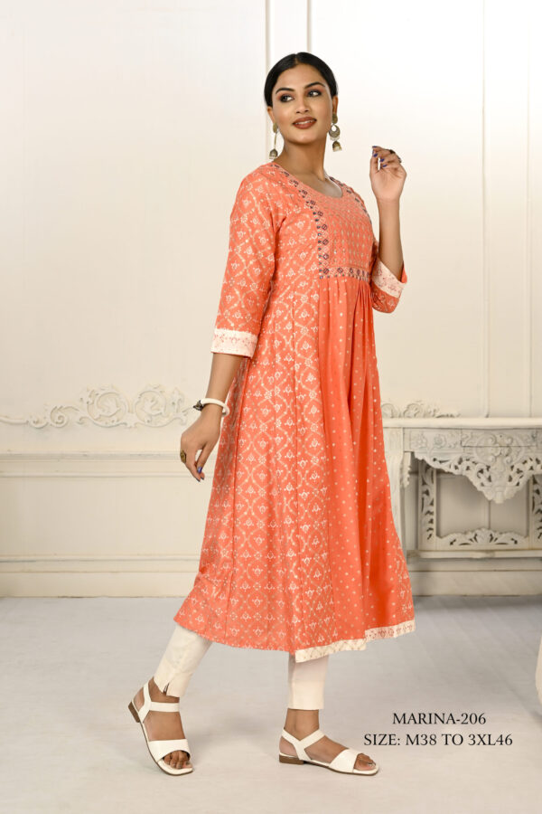 Orange Cotton With Handprint Light Embroidered Kurtis - BUYON