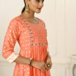 Orange Cotton With Handprint Light Embroidered Kurtis - BUYON