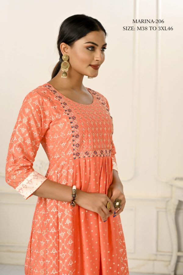 Orange Cotton With Handprint Light Embroidered Kurtis - BUYON