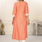 Orange Cotton With Handprint Light Embroidered Kurtis - BUYON