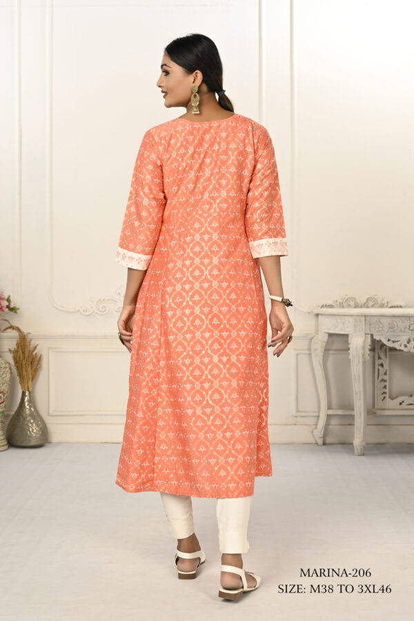 Orange Cotton With Handprint Light Embroidered Kurtis - BUYON