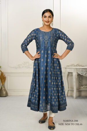 Blue Cotton With Handprint Light Embroidered Kurtis - BUYON