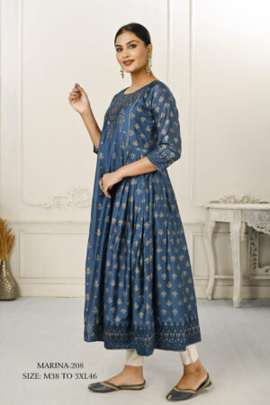 Blue Cotton With Handprint Light Embroidered Kurtis - BUYON