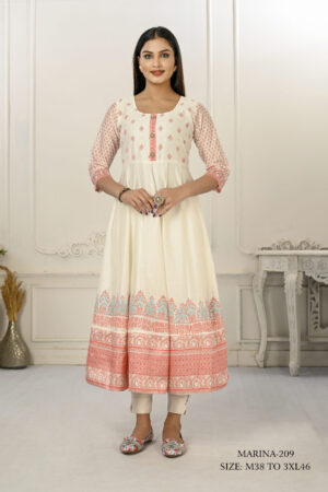 Cream Cotton With Handprint Embroidered Kurtis - BUYON