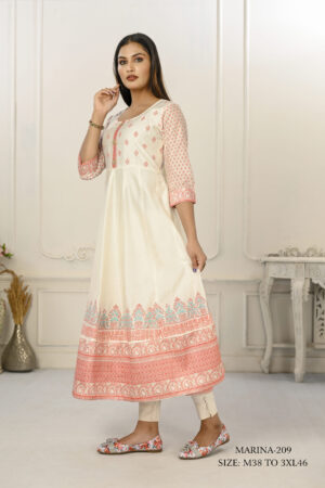 Cream Cotton With Handprint Embroidered Kurtis - BUYON