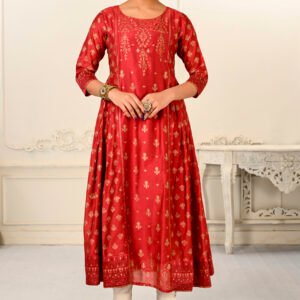 Red Cotton With Handprint Light Embroidered Kurtis - BUYON