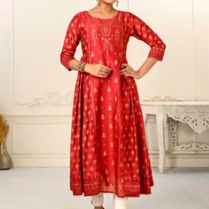 Red Cotton With Handprint Light Embroidered Kurtis - BUYON