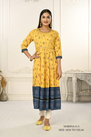 Yellow Cotton With Handprint Embroidered Kurtis - BUYON