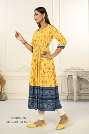 Yellow Cotton With Handprint Embroidered Kurtis - BUYON