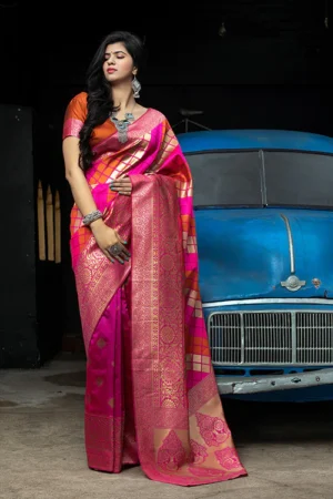 Pink Banarasi Weaving Silk Exclusive Saree - BUYON