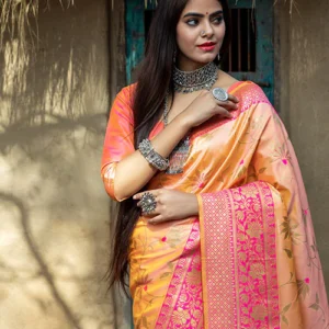 Orange Banarasi Weaving Silk Exclusive Saree - BUYON