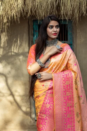 Orange Banarasi Weaving Silk Exclusive Saree - BUYON