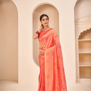 Peach Banarasi Silk Saree With Patola Weaving Silk - BUYON