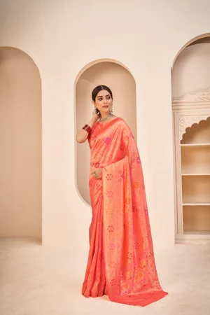 Peach Banarasi Silk Saree With Patola Weaving Silk - BUYON