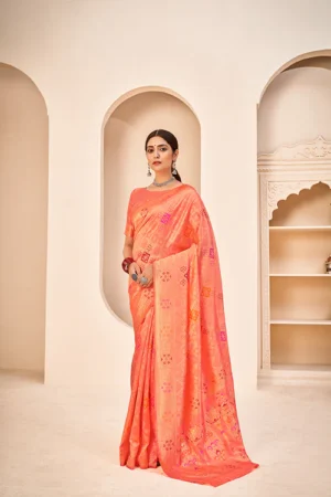 Peach Banarasi Silk Saree With Patola Weaving Silk - BUYON