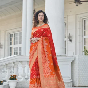 Red Soft Banarsai With Zari Weaving Silk Saree - BUYON