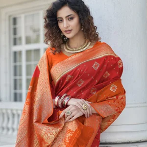 Red Soft Banarsai With Zari Weaving Silk Saree - BUYON