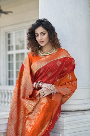 Red Soft Banarsai With Zari Weaving Silk Saree - BUYON