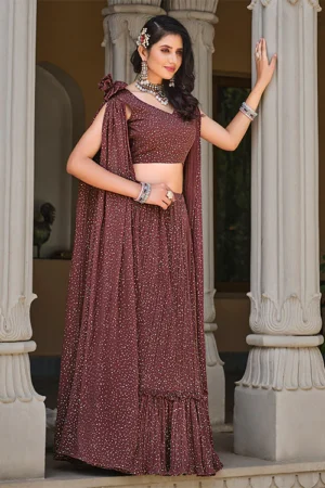 Stunning Brown Foil Work Lehenga Choli with Dupatta - BUYON