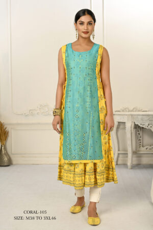 Cotton And Outward Jacket Chanderi Kurti (Green & Yellow)