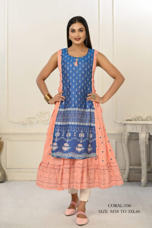 Cotton And Outward Jacket Chanderi Kurti (Blue & Pink)