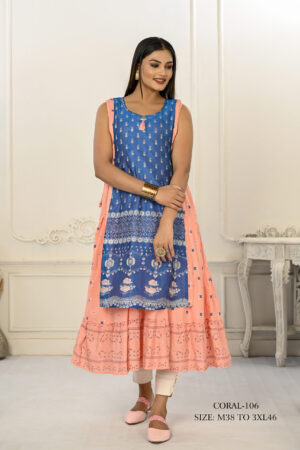 Cotton And Outward Jacket Chanderi Kurti (Blue & Pink)